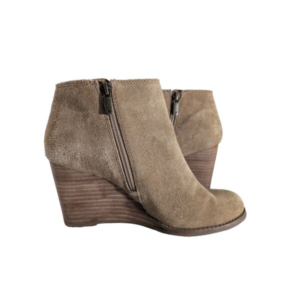Lucky Brand Wedge Ankle Boot Bootie Women 8.5 Tan Boho Western Suede Yakeena - Picture 2 of 12
